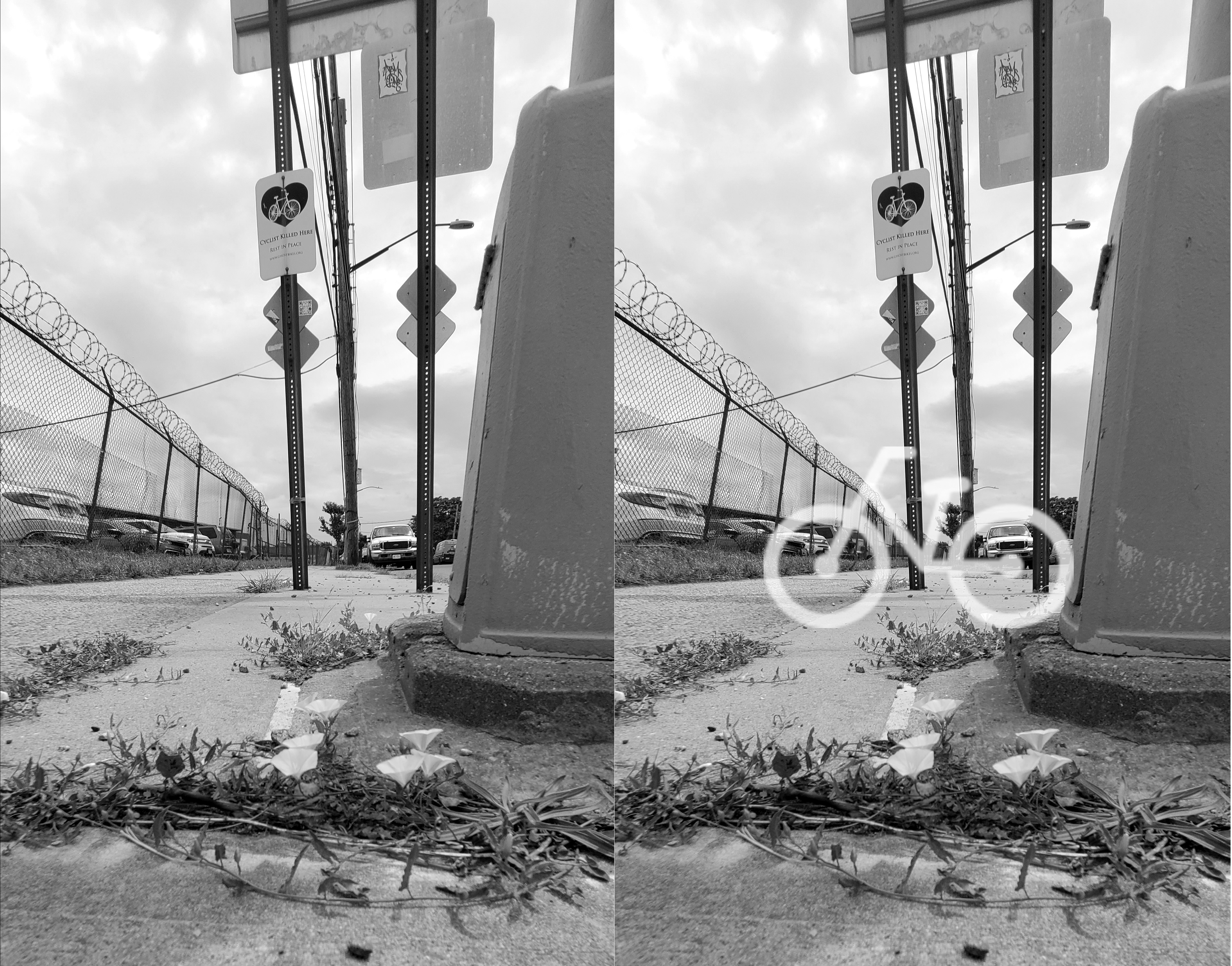 Duplicated view of a ghost bike plaque on a street sign, with the outline of a bike added to the right image